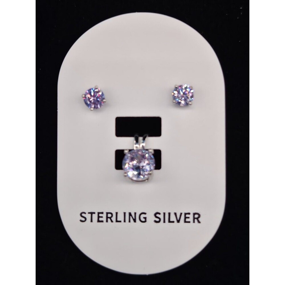 Sterling Silver Round Stone Set Lavender CZ Pendant 6mm, Earrings 4mm